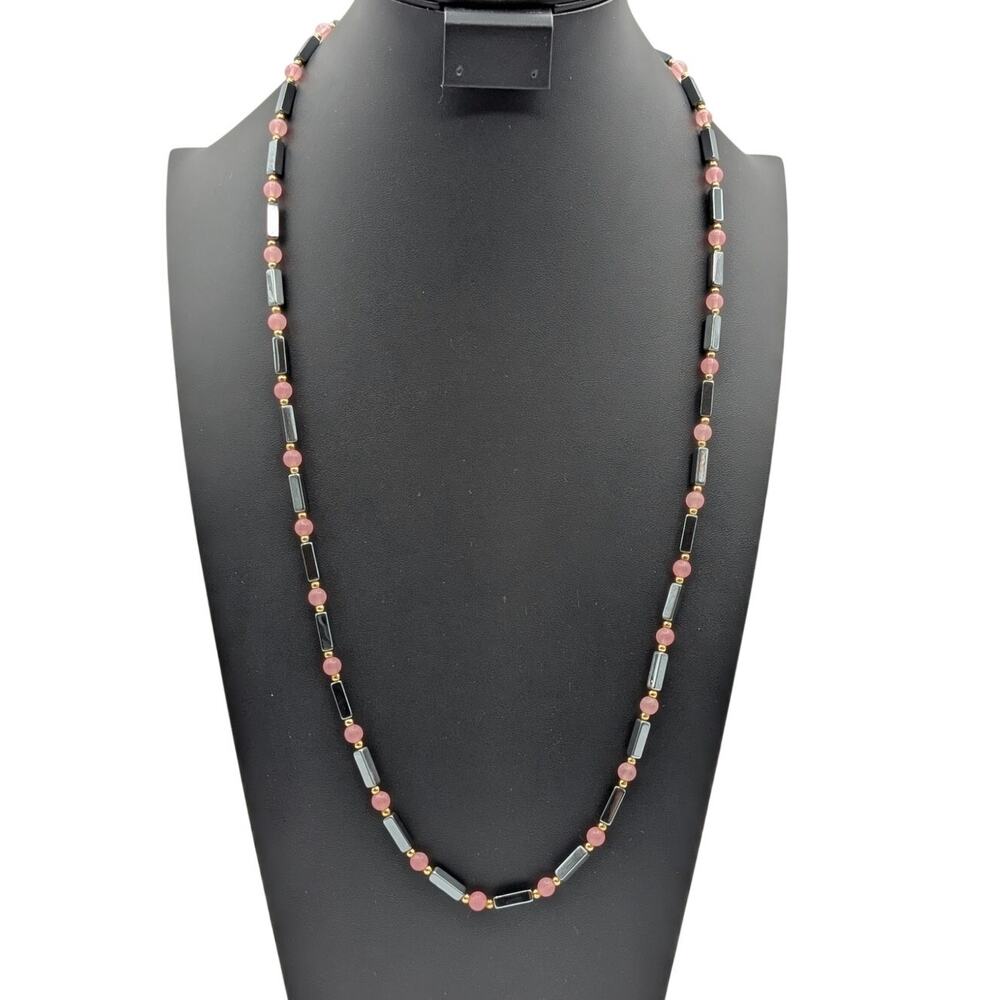 Elongated Hematite Pink Quartz Gold Tone Bead Over the Head 32" Necklace